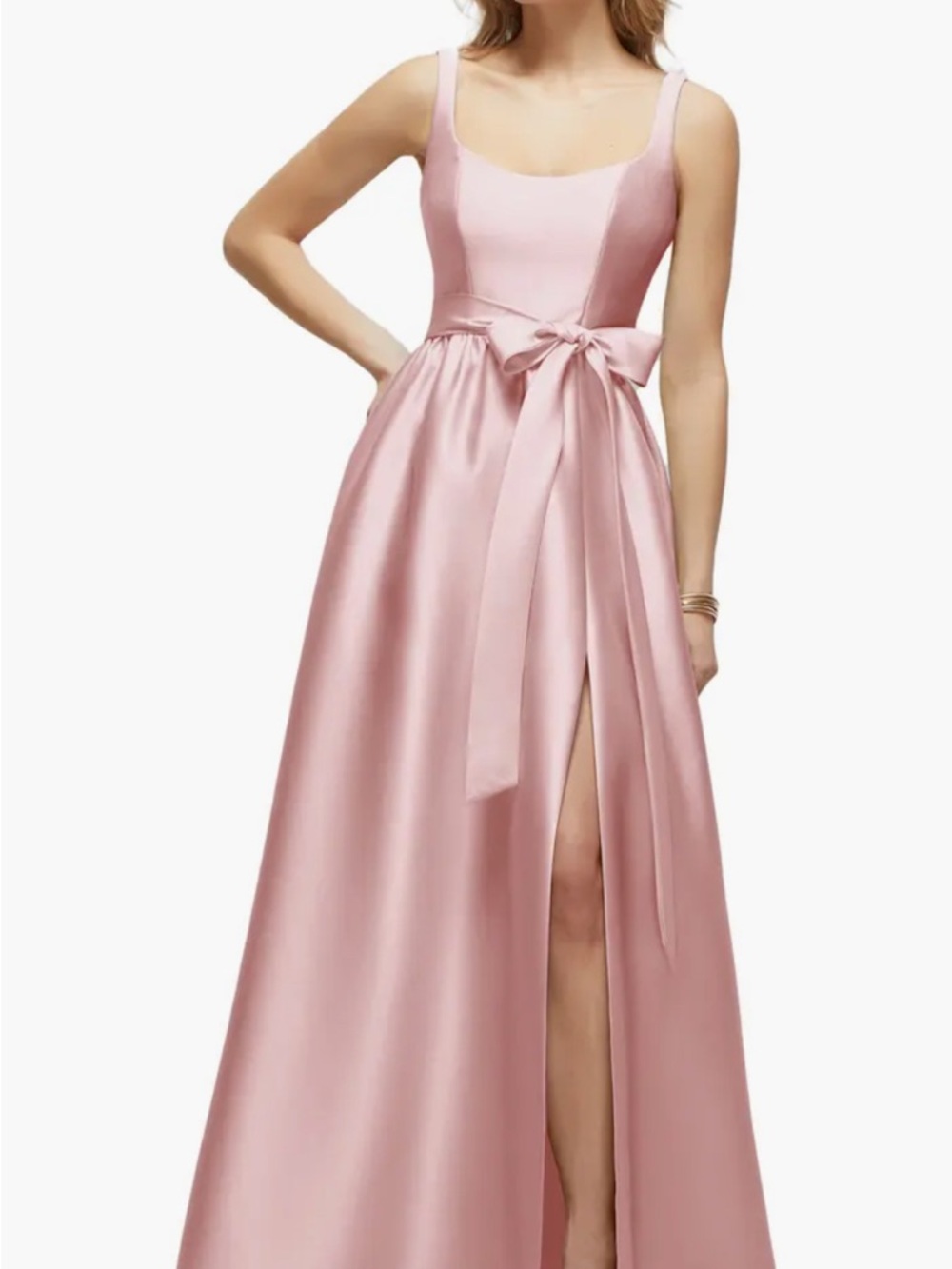 Dessy Collection Blush Pink Satin Scoop-Neck Prom Gown with Waist Bow
